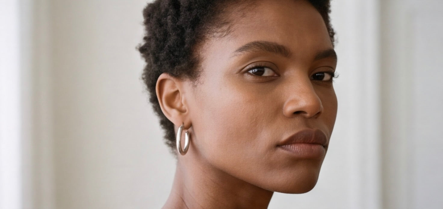 Close-up of a woman wearing gold Holly Hoop earrings with a neutral background from Delani Jewelry