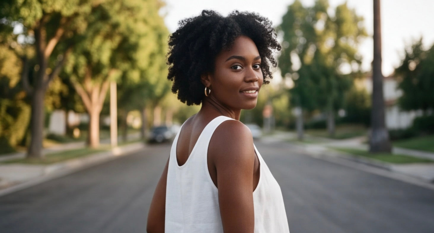 Woman in a white sleeveless top standing on a street with trees in the background wearing Holly Hoop earrings from Delani Jewelry