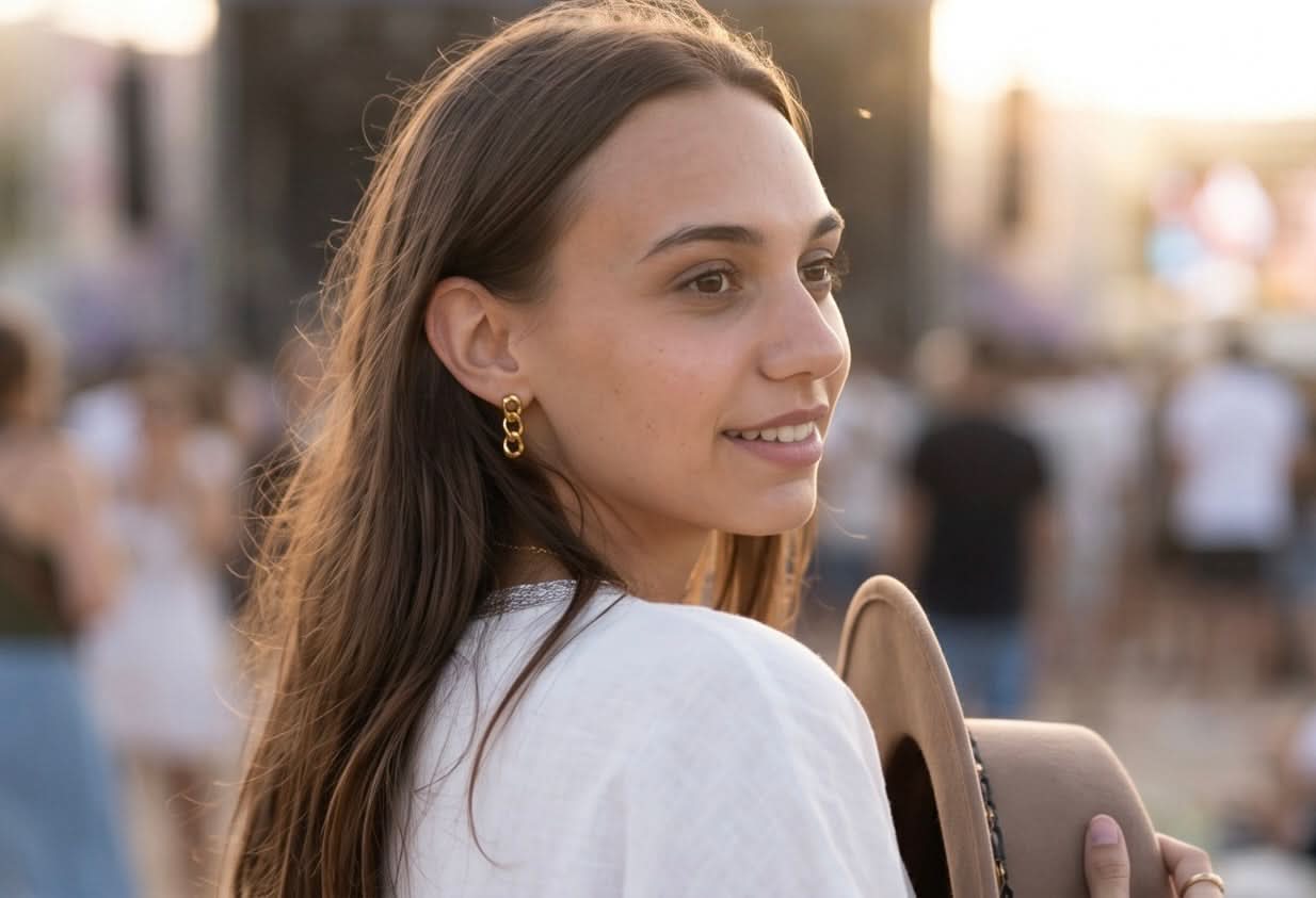 A woman with long brown hair wearing a white top and gold hoop earrings, holding a brown hat in a blurred outdoor crowd setting. A close-up portrait of a woman wearing the elegant Alba earrings, a gold link earring by Delani Jewelry and a gold chain necklace, set against a blurred outdoor background.