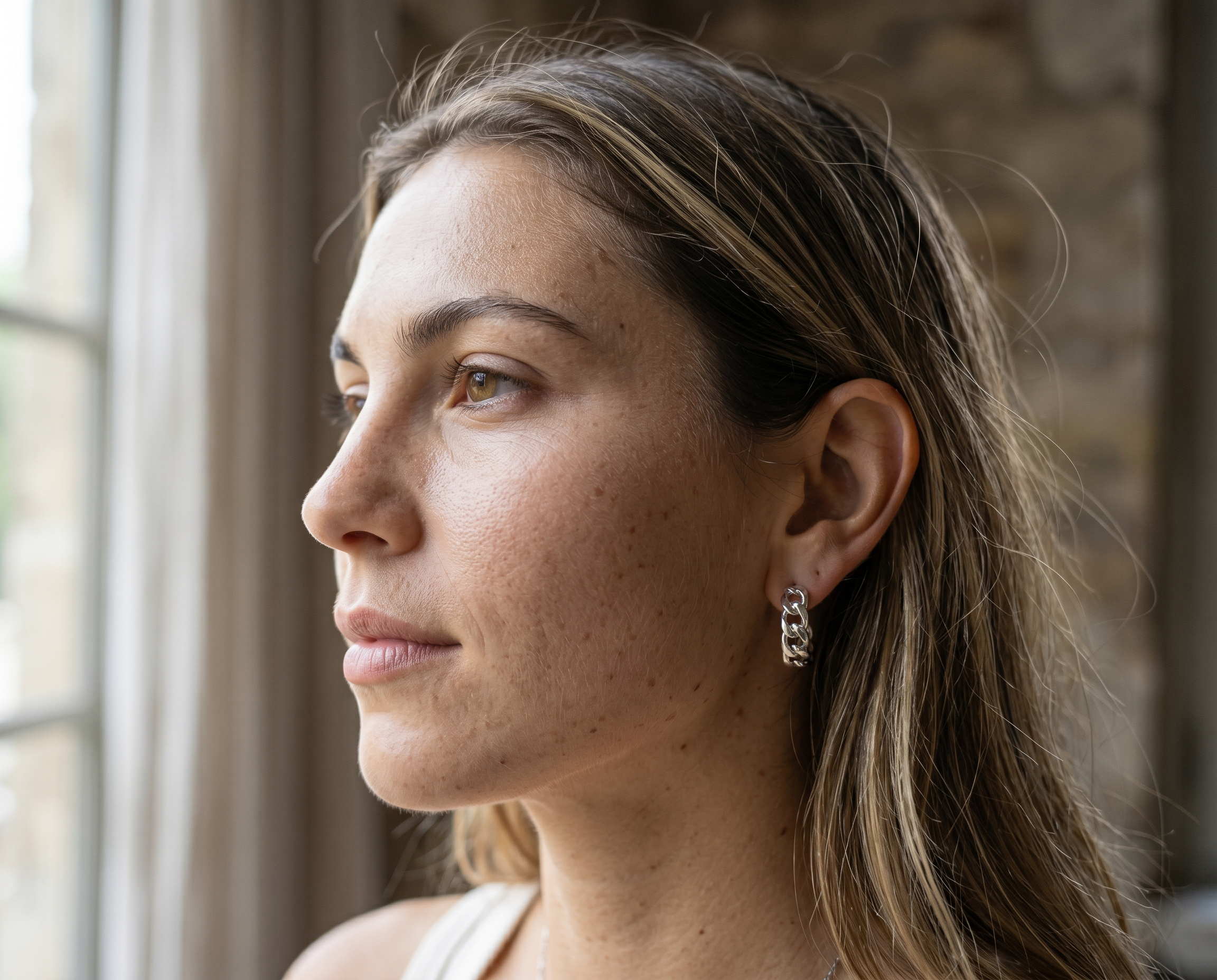 Woman wearing silver Azizi Hoops earrings looking out window — waterproof, tarnish-proof jewelry with lifetime color guarantee by Delani