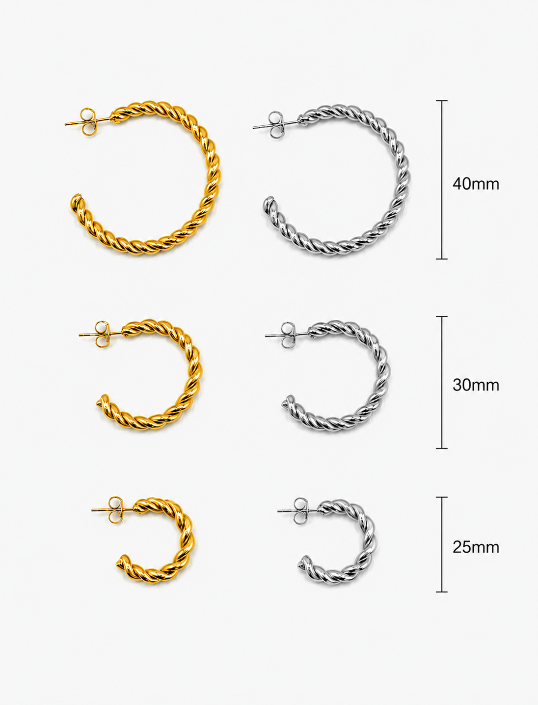 Dhana Hoops size comparison in 40mm, 30mm, and 25mm, featuring gold and silver twisted rope hoop earrings from Delani Jewelry. Waterproof, tarnish-proof stainless steel hoops with a Lifetime Color Guarantee, showcasing all three sizes for easy comparison.