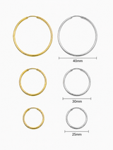 Frankie Hoops size comparison in 40mm, 30mm, and 25mm, shown in waterproof, tarnish-proof gold and silver stainless steel. Delani Jewelry Frankie Hoops feature a lifetime color guarantee with lightweight everyday hoop earrings displayed in three size options.