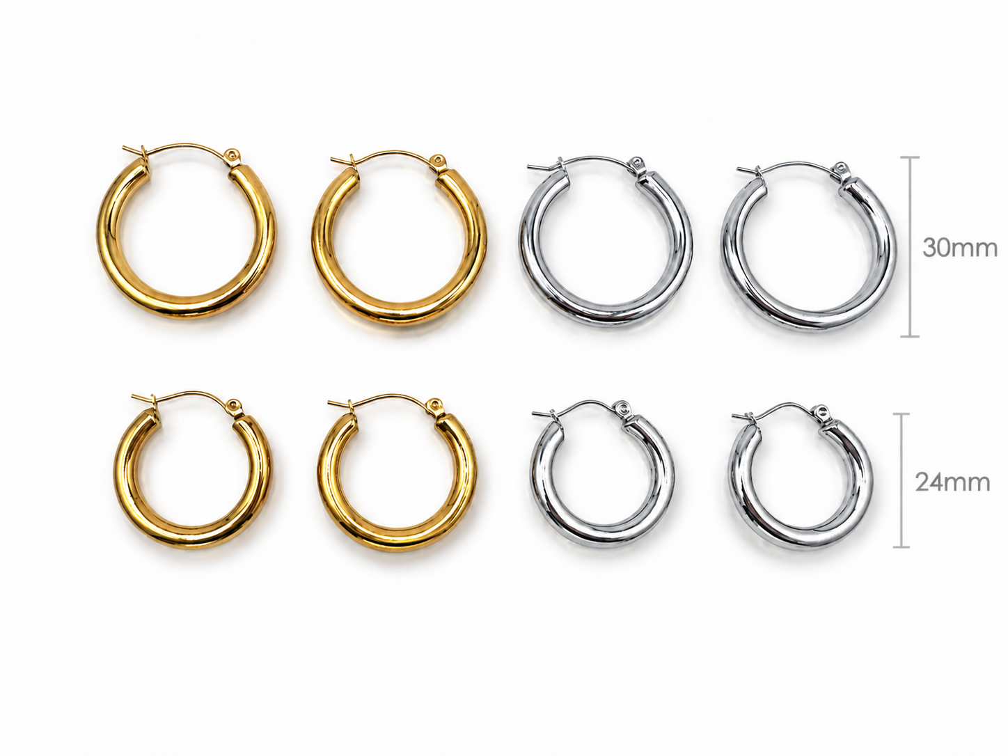 Set of gold and silver Holly Hoop earrings with measurements on a white background from Delani Jewelry