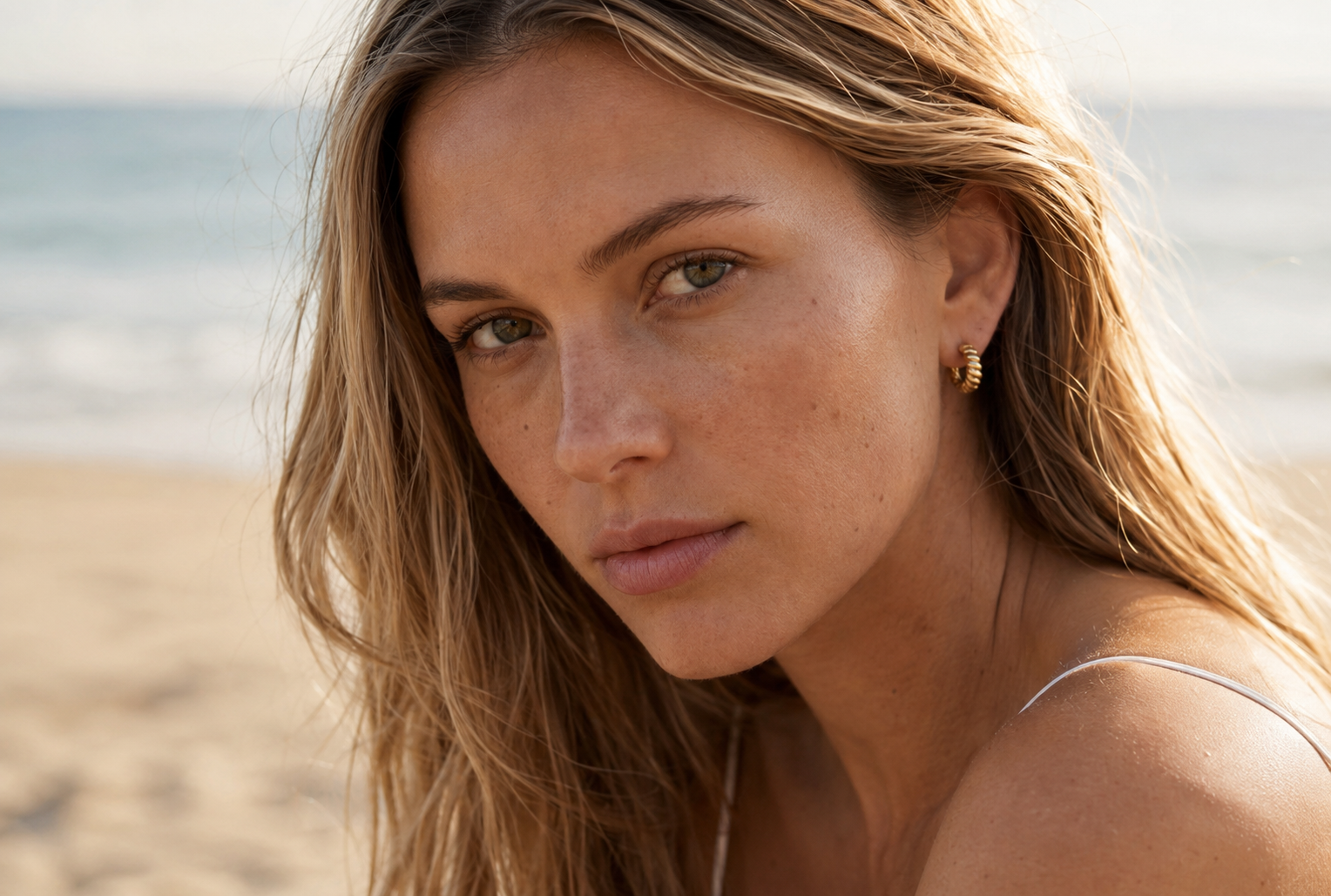 Close-up of Delani Jewelry Kala Hoop Earrings on a model featuring waterproof, tarnish-proof 18K gold PVD stainless steel and a lifetime color guarantee for everyday luxury wear.