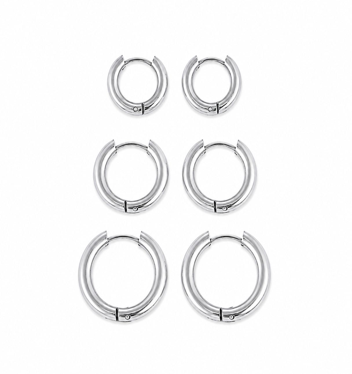 Six silver-toned metal hoop earrings in three different sizes, arranged in a grid on a plain white background.