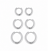 Six silver-toned metal hoop earrings in three different sizes, arranged in a grid on a plain white background.