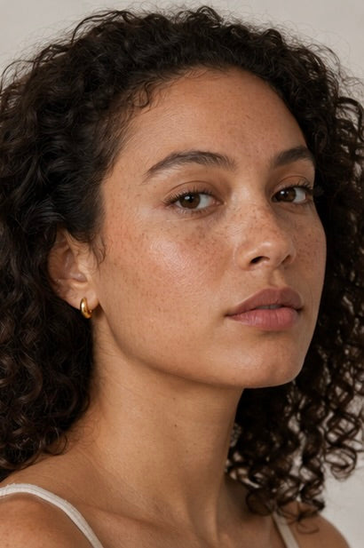 Close-up of a woman with curly hair wearing Naji Earrings against a neutral background from Delani Jewelry