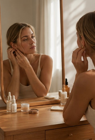 Woman adjusting earrings in front of a mirror with skincare products on a wooden table wearing Naji Earrings from Delani Jewelry
