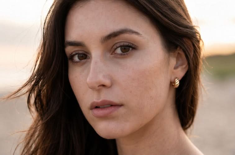 A close-up portrait of a woman with dark brown hair and freckles, wearing a small gold hoop earring, set against a softly blurred beach background at sunset. Delani gold twisted stud earrings on a beach at golden hour. Waterproof, tarnish-proof earrings with a lifetime color guarantee, showcased in a luxury lifestyle portrait.