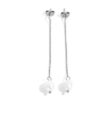 Product image of Delani Jewelry Nubia Long Pearl Earrings in polished silver with freshwater pearl accents. Tarnish-free, waterproof stainless steel earrings featuring a lifetime color guarantee.