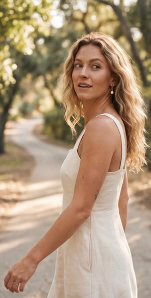 Woman in a white dress standing on a path with trees in the background wearing Pola Earrrings from Delani Jewelry