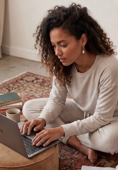 Woman sitting on a rug using a laptop in a cozy indoor setting wearing Pola Hoops from Delani Jewelry