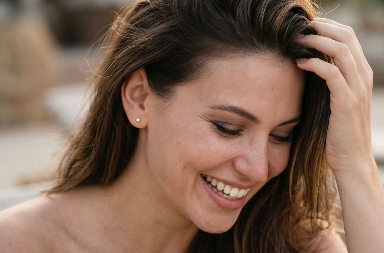 A close-up portrait of a smiling woman with brown hair, looking down and touching her hair, wearing a small stud earring.