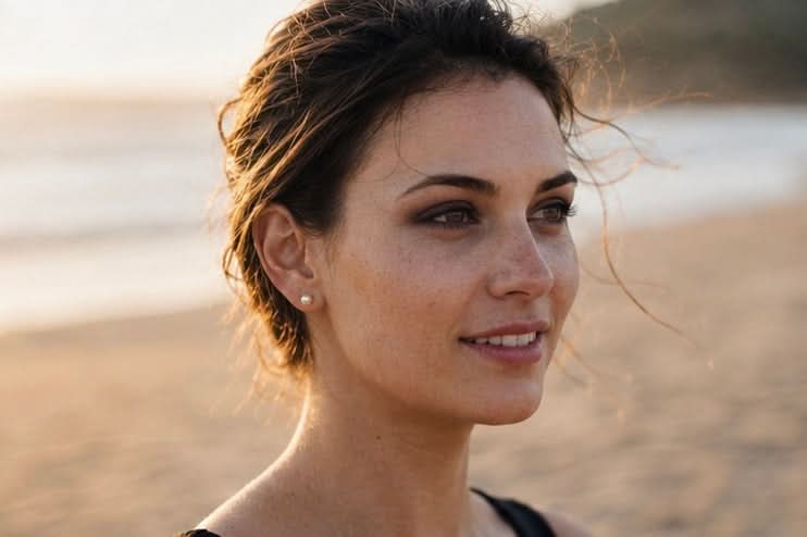 A close-up portrait of a woman with dark hair pulled back, wearing a small stud earring, photographed outdoors on a sandy beach with the ocean blurred in the background. Classic Satya pearl earrings from Delani Jewelry with luminous white pearls, stainless steel posts, waterproof and tarnish-proof design, perfect for everyday wear with a lifetime color guarantee.