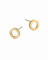 A pair of gold-toned textured ring stud earrings on a plain white background. Woman Wearing Gold Hammered Circle Stud Earrings from delani jewelry – Tarnish-Proof, Waterproof with Lifetime Color Warranty