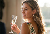 Lifestyle portrait of Delani Jewelry Nubia Short Pearl Earrings styled with a floral dress and soft waves. Tarnish-free, waterproof freshwater pearl earrings backed by a lifetime color guarantee.