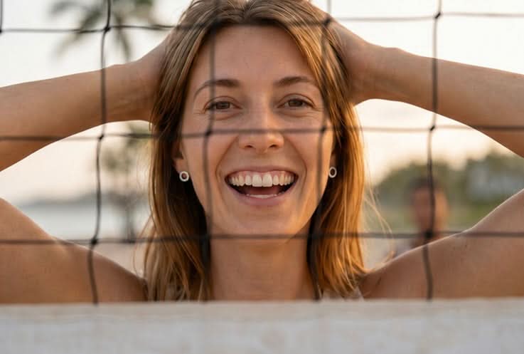 A smiling woman with her hands behind a volleyball net, looking directly at the camera in an outdoor beach setting at sunset. Woman Smiling Wearing Silver Hammered Circle Studs – Waterproof, Tarnish-Proof Beach-Ready Earrings from delani jewelry